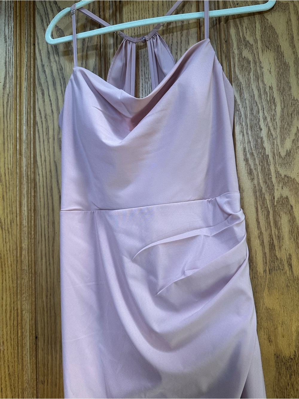 AZAZIE Dusty Rose Ruched Spaghetti Strap Evening Gown with Thigh Slit sz 14 - Picture 5 of 16